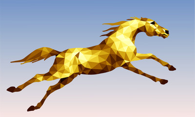 galloping Golden horse against the morning sky, isolated image in the style of low-poly