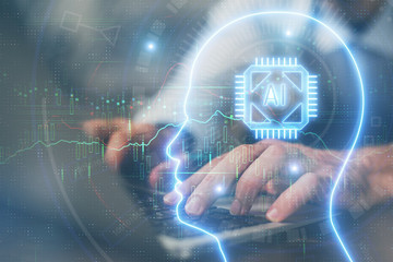 Businessman with computer background with brain theme hologram. Concept of brainstorm. Multi exposure.