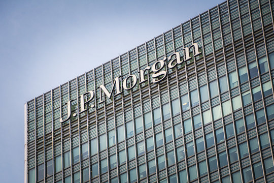LONDON-  The JP Morgan building in London's Canary Wharf financial district. An American investment bank and financial services company. 