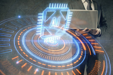 Double exposure of data internet theme hologram with man working on computer on background. Concept of innovation.