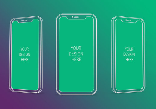 3 Wireframe Smartphones Screen Mockups with Transparent Background