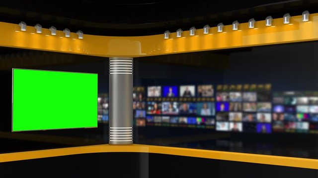 Tv Studio.  Yellow Studio. News studio. Newsroom Background for News Broadcasts. Blurred of studio at TV station. News channel design. Control room. 3D rendering
