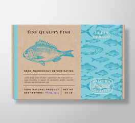 Fish Pattern Realistic Cardboard Container. Abstract Vector Seafood Packaging Design or Label. Modern Typography, Hand Drawn Dorado Silhouette. Craft Paper Box Pattern Background Layout.