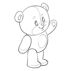 cute toy brown bear stands, isolated object on a white background, vector illustration outline drawing, eps