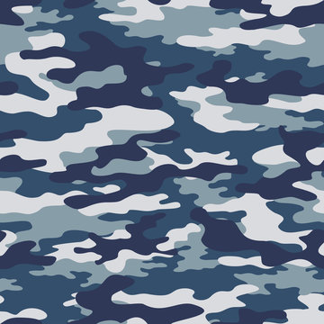 Blue camouflage seamless pattern on textile. Military background. Ornament
