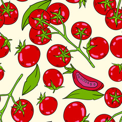 Seamless vector pattern with tomatoes and branch with leaves on white background. Wallpaper, fabric and textile design. Good for printing. Cute wrapping paper pattern with vegetables.