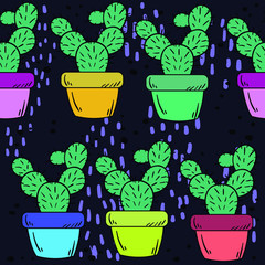Seamless vector pattern with cactus in pot on black background. Good for printing. Wallpaper, fabric and textile design. Cute wrapping paper pattern with plant.