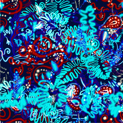 Bright glowing ornament. Tropical neon leaves are chaotically located. Ultraviolet curls and paisley. Dynamic petals in the wild. Ideal for printing on fabrics and paper, T-shirts, dresses.Neon tropic