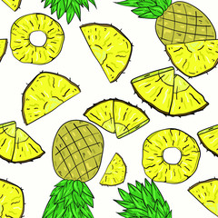 Seamless vector pattern with pineapple and slices on white background. Wallpaper, fabric and textile design. Good for printing. Cute wrapping paper pattern with fruits.