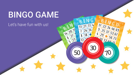 Vivid bingo game banner with tickets, balls and stars on the purple and white background. Usable for website, social media, advertising. Standard 2160*3840 px size. Vector illustration