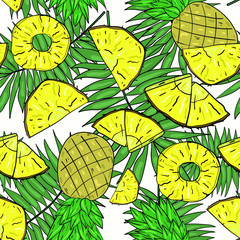 Seamless vector pattern with pineapple, part, slices and tropical leaves on white background. Wallpaper, fabric and textile design. Good for printing. Cute wrapping paper pattern with fruits.