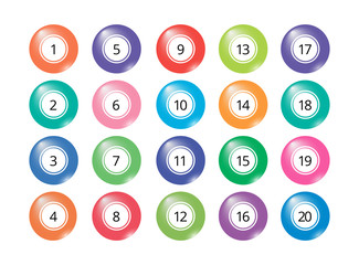 Big collection of realistic isolated bingo and lottery balls with numbers (1-20). Multicolored objects for banners, cards, posters, tickets. Vector illustration