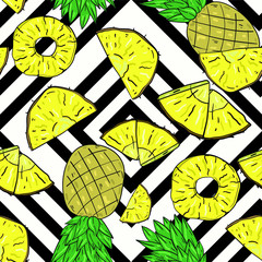 Seamless vector pattern with pineapple slices and parts on black and white background. Wallpaper, fabric and textile design. Cute wrapping paper pattern with exotic fruits. Good for printing.