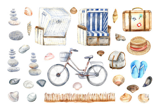 Beach clip art set with straw hat, suitcase, backpack, shells,
beach chair, bicycle, stone pyramid.  Isolated elements on a white background.   Stock illustration. 
Hand painted in watercolor.