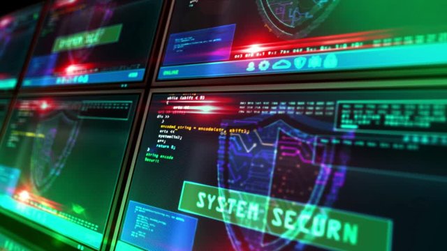 Cyber security message with shield symbol on futuristic computer screen with glitch effect. System safety, privacy protection, digital and identity safe concept 3d loopable and seamless animation.