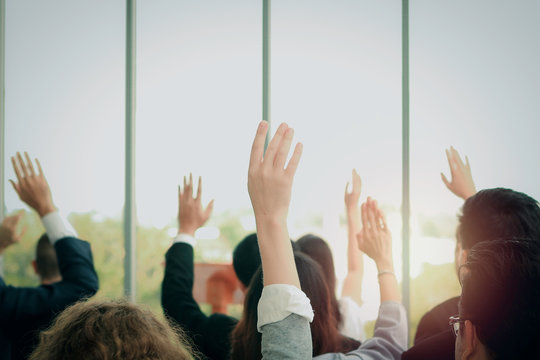 Business People Raising Hand Up To Ask Question With Speaker In Seminar Conference, Raise Hands Up To Agree Or Vote For Comments In The Meeting