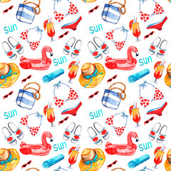 Watercolor summer vacation seamless pattern with isolated objects. Perfect for your design, wallpaper, packaging. Hand made watercolor painted forgetful summer objects.