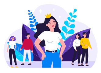 Selfish girl and society flat vector illustration. Arrogant young woman not seeing angry people. Social problem and communication concept.