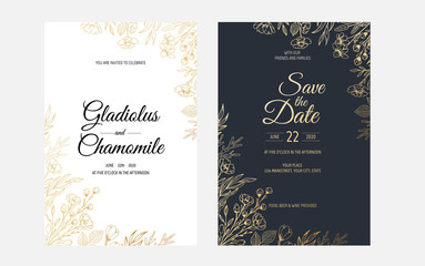 Vector invitation with gold floral elements. Luxury ornament template. greeting card, invitation design background.