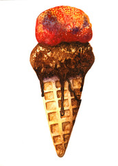 Watercolor chocolate ice cream cone isolated on white background. Hand painted food illustration.