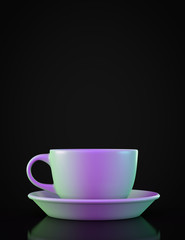 Mug and saucer on a dark background. With copyspace