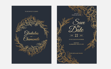 Fototapeta na wymiar Vector invitation with gold floral elements. Luxury ornament template. greeting card, invitation design background.