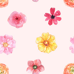 Watercolor floral seamless pattern with hand painted cute pink and yellow flowers on blush pink background. Summer bright wallpaper. Blooming meadow botanical print. Hand drawn design texture
