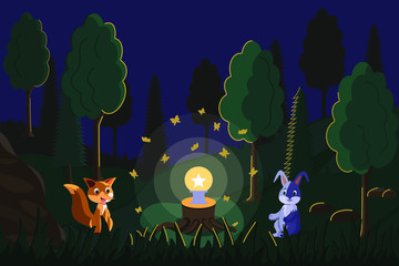 Rabbit and fox in the magic forest