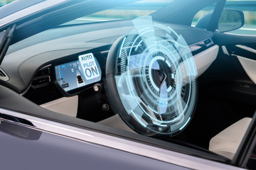 Autonomous car with HUD (Head Up Display). Self-driving vehicle