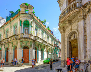 Havana Cuba Colorful group of old classic houses in downtown, an iconic sight.
