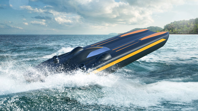 Super boat speed racing. Render 3d. Illustration.