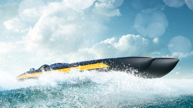 Super boat speed racing. Render 3d. Illustration.