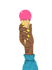 A female hand with a beautiful manicure holds an ice-cream. Side view. Trendy vector illustration in cartoon style. Flat design.