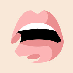 Beautiful sexy pink lips, lipstick kiss, hand with pink manicure nails, design element, nail studio. Beauty logo. Vector illustration, flat style. Isolated on beige.