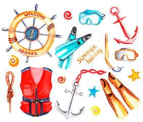 Watercolor set of handmade marine elements for your design. Summer facilities: life jacket, anchor, nautical knot, diving masks, flippers, helm.