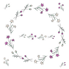 Decorative cute wreath of simple flowers and plants in doodle style. Lavender. Provence. Pattern brush. Elements of the wreath. Isolated objects on a white background.