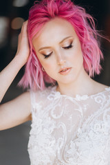 Woman in wedding dress pink hair make up face outdoors beauty attractive girl 