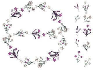 Decorative cute wreath of simple flowers and plants in doodle style. Lavender. Provence. Pattern brush. Elements of the wreath. Isolated objects on a white background.