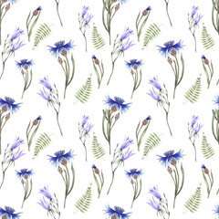 Seamless watercolor pattern with the image of blue cornflowers and bluebells, green leaves on a white background. The illustration is drawn in watercolor by hand. Design for textil, cards, invitation.