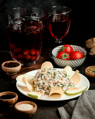 apple salad with lettuce green onion chicken and mayonnaise