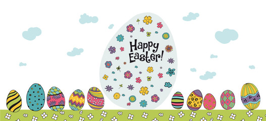 Colourfull illustration with funny little animals, flowers and eggs with the message happy easte. Simply colours, joy, faith, children, drawing cartoon