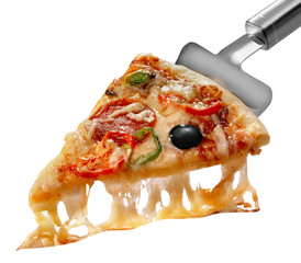 Sliced pizza slice on a spatula