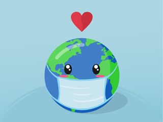 Obraz premium Planet earth wearing a protection medical mask. mother earth day stop the corona virus with love. save the planet, sustainable development . vector illustration