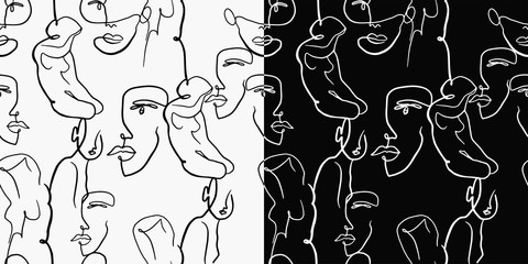 Abstract woman portraits and figures pattern. Female face one line drawing on monochrome background. Women  illustration for fashion design. Artistic background.