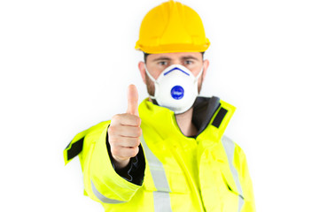 young engineer man wearing medical mask. young man doing the okay sign with his hand. white background