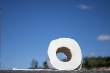 Um rolo de papel higiênico deitado em cima fronte ao horizonte azul