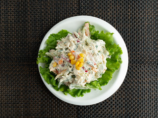 bell pepper salad with yellow red and green pepers corn and mayonnaise