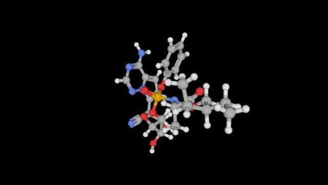 Remdesivir, GS-5734, C27H35N6O8P molecule. It is antiviral drug for treatment Ebola virus, under study as treatment for Coronavirus 2019-nCoV. Ball and sticks model, 3D rendering, loop able, alpha ch