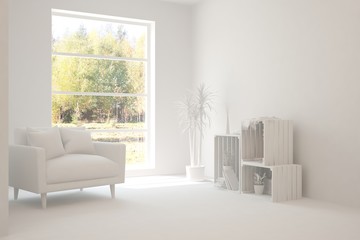 Mock up of stylish room in white color with armchair. Scandinavian interior design. 3D illustration
