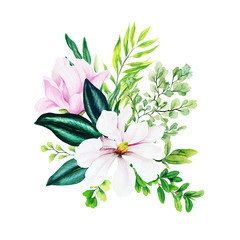 Magnolia and leaves, bright watercolor bouquet with fern